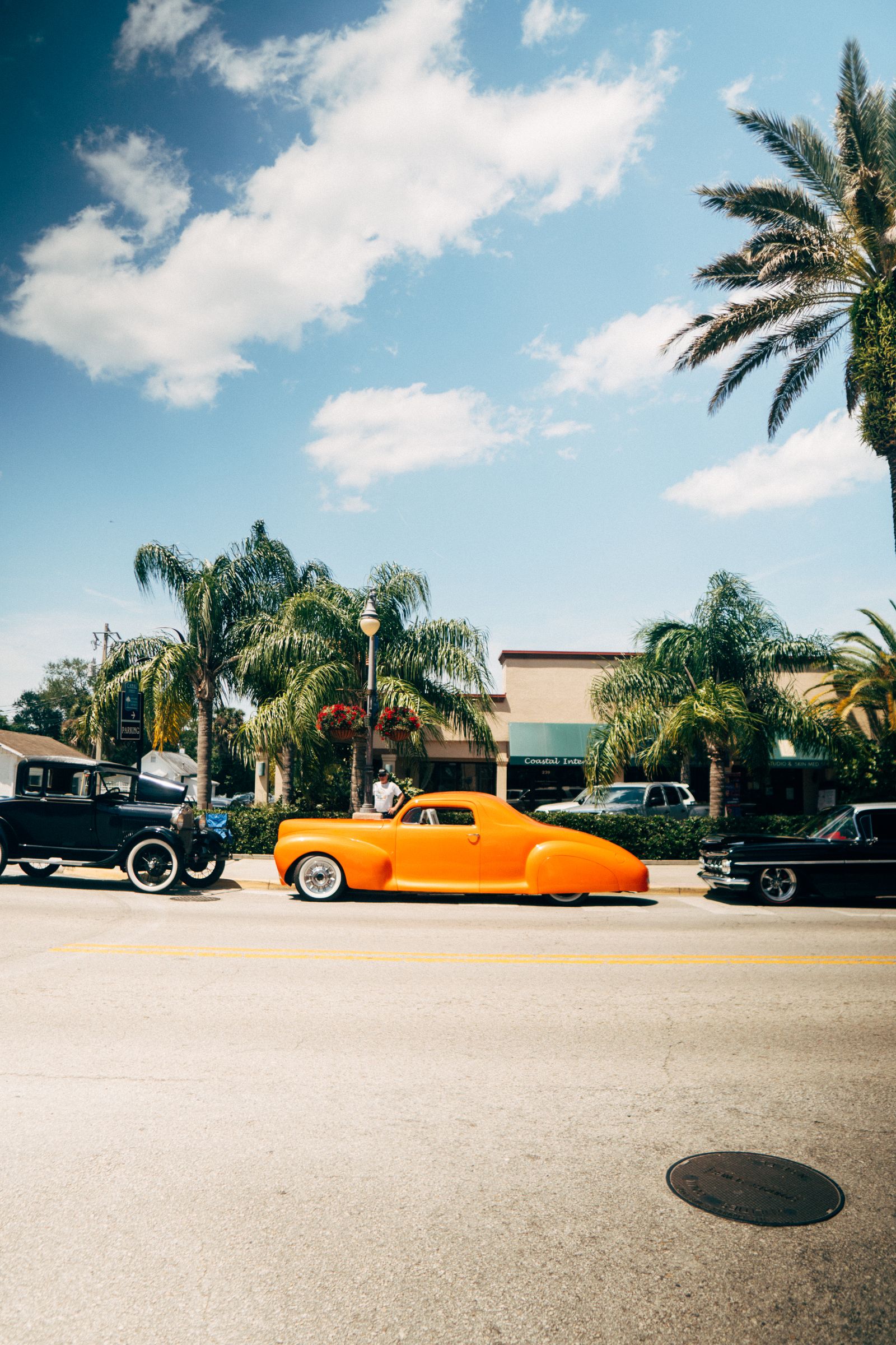 Colorful cars parked on a palm-lined Miami street